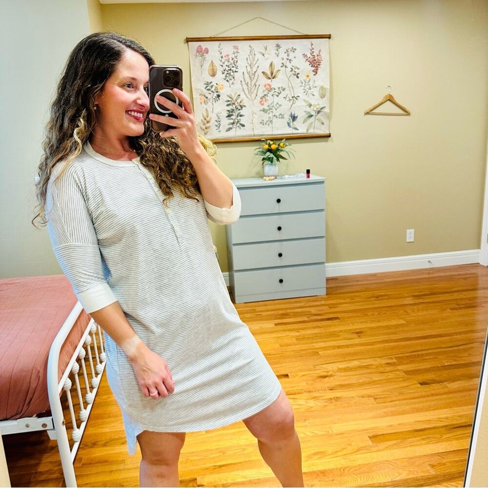 THE GREAT. Gray White Striped Henley Mini Dress 1 Small